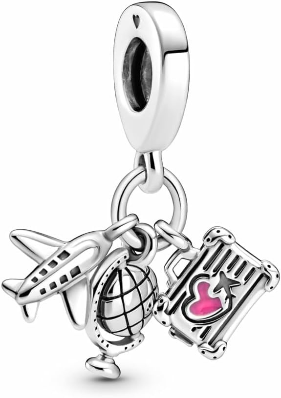image:imagePANDORA Airplane Globe amp Suitcase Triple Dangle Charm Bracelet Charm Moments Bracelets Stunning Womens Jewelry Gift for Women Made with Sterling Silver amp Enamel With Gift Box