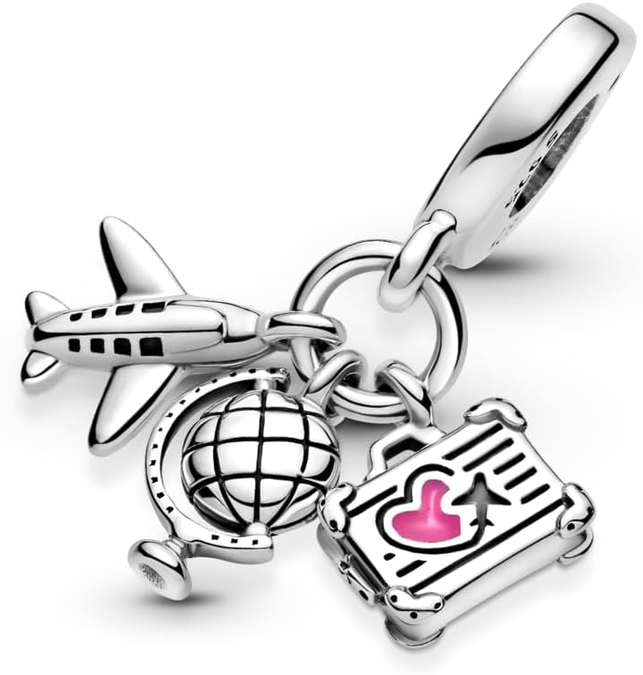 image:imagePANDORA Airplane Globe amp Suitcase Triple Dangle Charm Bracelet Charm Moments Bracelets Stunning Womens Jewelry Gift for Women Made with Sterling Silver amp Enamel With Gift Box