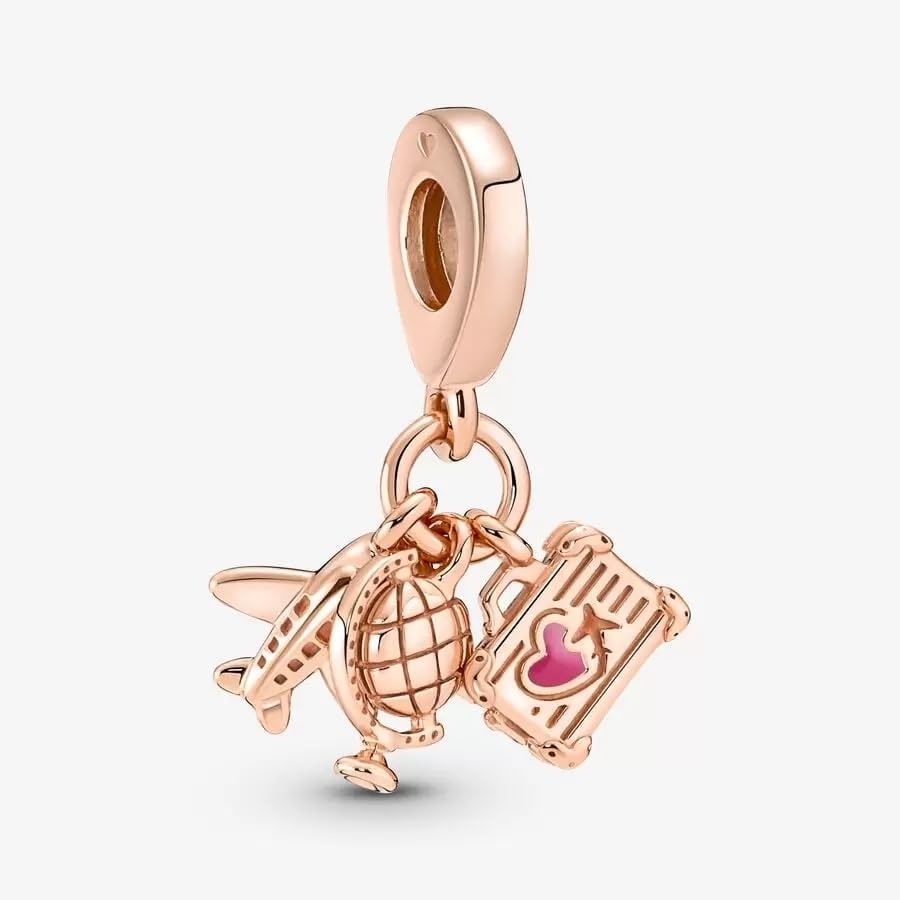 image:imagePANDORA Airplane Globe amp Suitcase Triple Dangle Charm Gift for Her Compatible Moments Rose Charm With Gift Box
