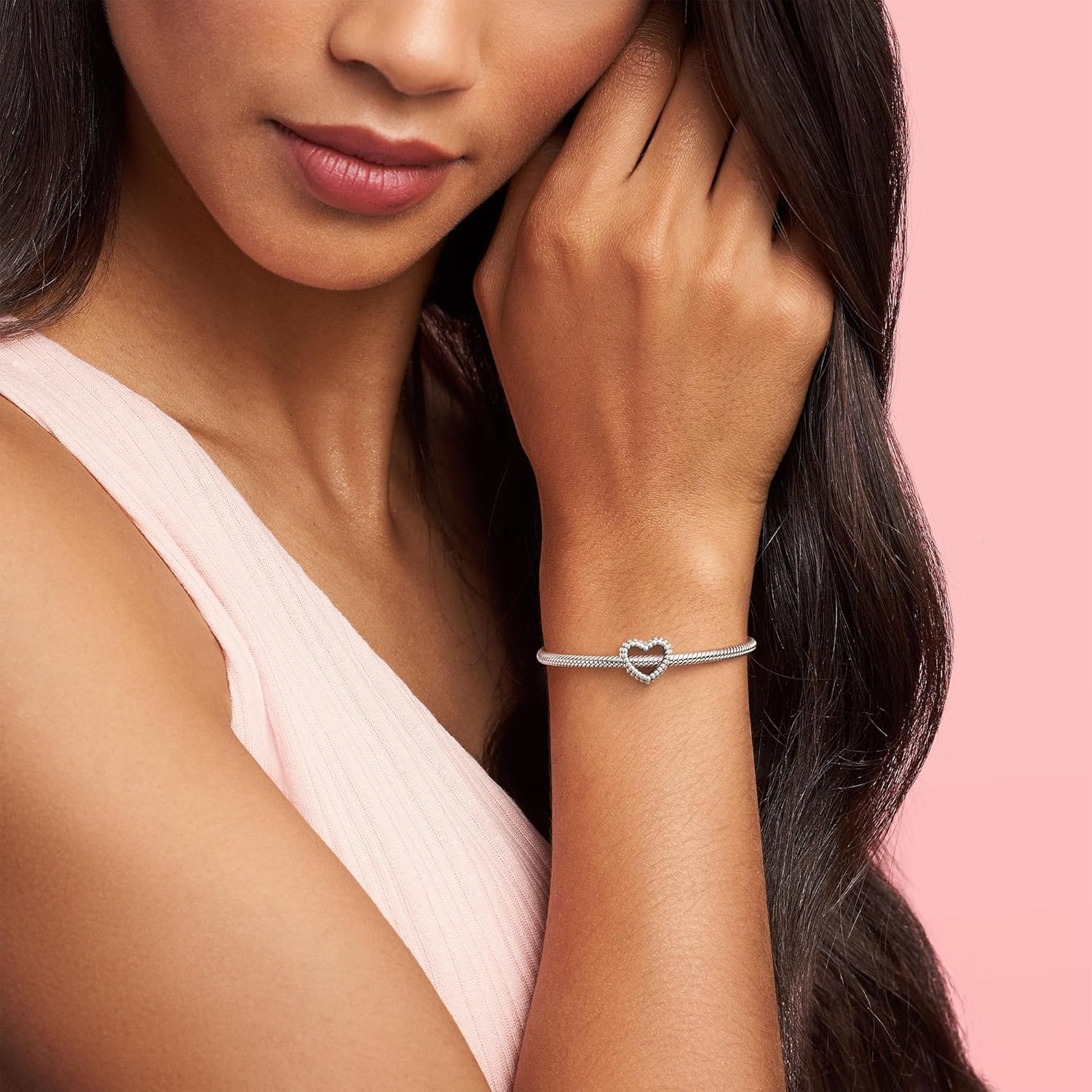 image:imagePANDORA Beaded Open Heart Charm Romantic Heart Jewelry Gift with Gift Box Textured Beaded Silhouette Compatible with PANDORA Moments Bracelets Sterling Silver