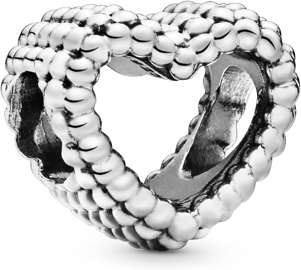 image:imagePANDORA Beaded Open Heart Charm Romantic Heart Jewelry Gift with Gift Box Textured Beaded Silhouette Compatible with PANDORA Moments Bracelets Sterling Silver