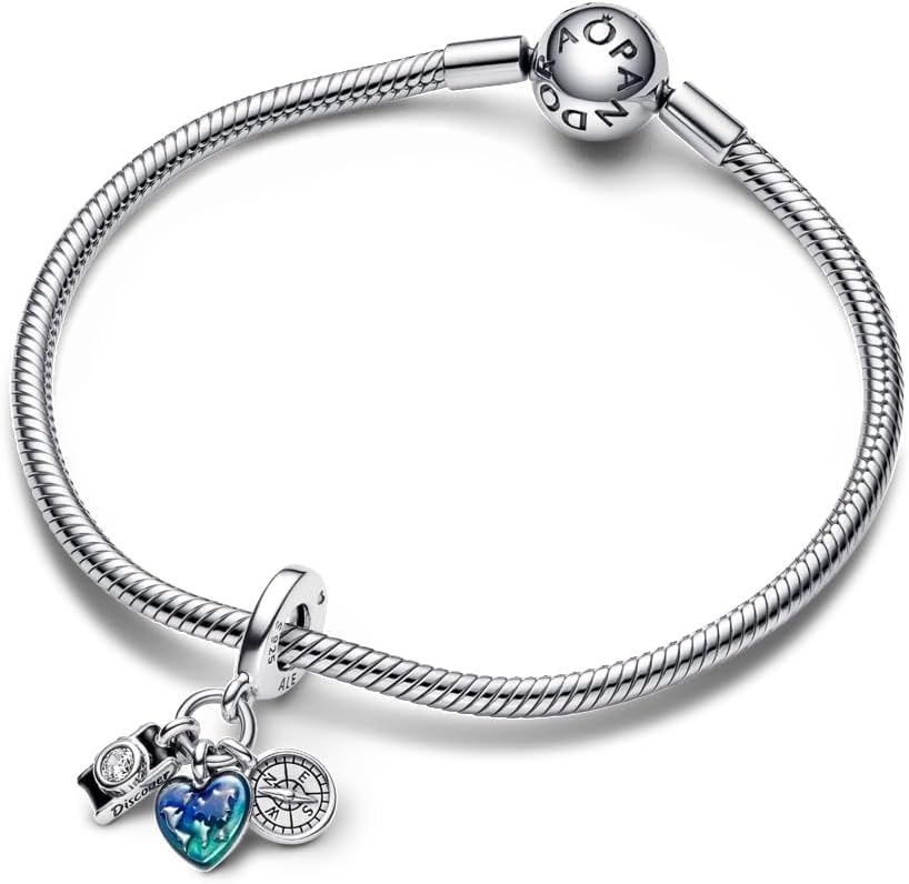 image:imagePANDORA Camera Heart amp Compass Triple Dangle Charm Bracelet Charm for PANDORA Moments Bracelets Gift for Her Sterling Silver amp Enamel with Cubic Zirconia With Gift Box