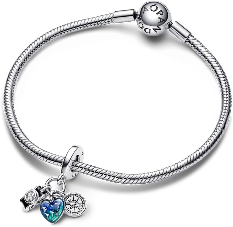 image:imagePANDORA Camera Heart amp Compass Triple Dangle Charm Bracelet Charm for PANDORA Moments Bracelets Gift for Her Sterling Silver amp Enamel with Cubic Zirconia With Gift Box