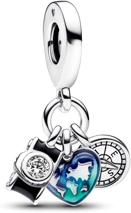 image:imagePANDORA Camera Heart amp Compass Triple Dangle Charm Bracelet Charm for PANDORA Moments Bracelets Gift for Her Sterling Silver amp Enamel with Cubic Zirconia With Gift Box