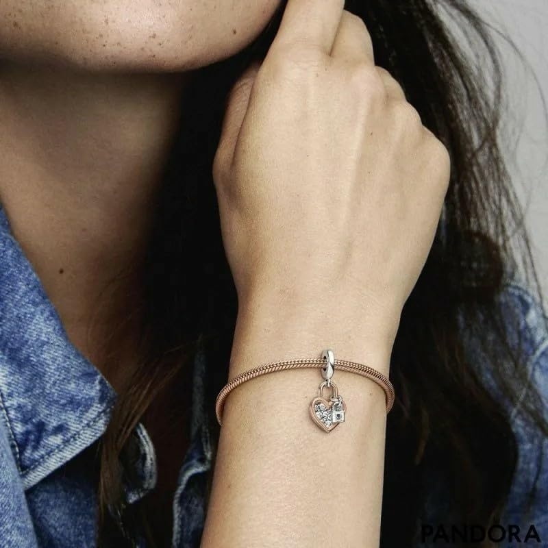 image:imagePANDORA Heart Padlock Double Dangle Charm Gift for Her Compatible Moments Rose amp Sterling Silver with Cubic Zirconia With Gift Box