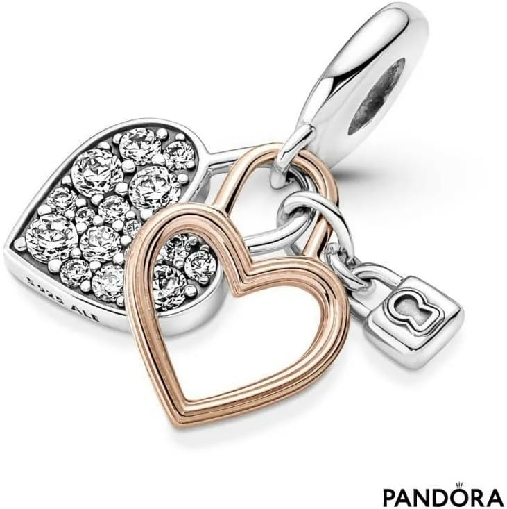 image:imagePANDORA Heart Padlock Double Dangle Charm Gift for Her Compatible Moments Rose amp Sterling Silver with Cubic Zirconia With Gift Box