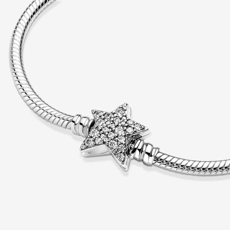 image:imagePANDORA Moments Asymmetric Star Clasp Snake Chain Bracelet Charm Bracelet for Women Gift for Her Sterling Silver with Clear Cubic Zirconia With Gift Box91 Inches