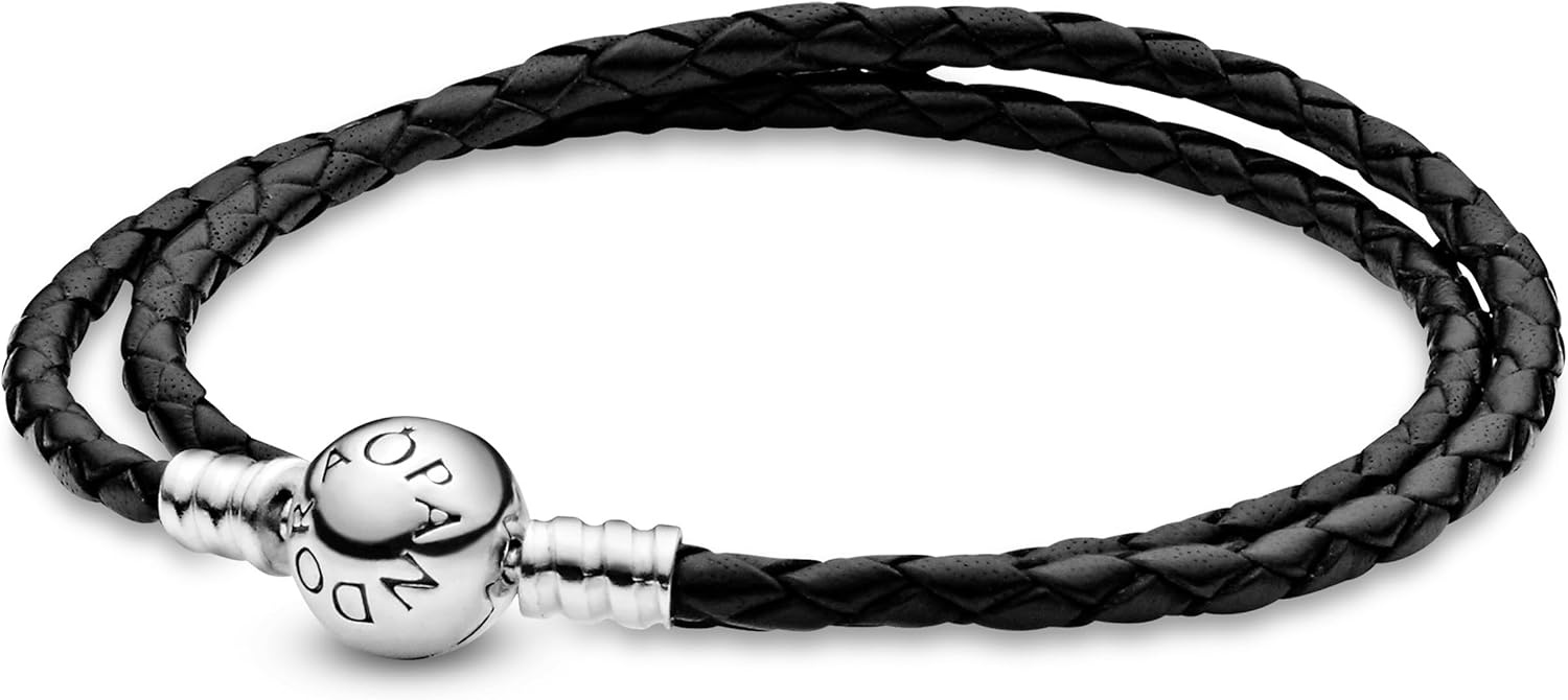 image:imagePANDORA Moments Double Woven Leather Bracelet with Silver Clasp Sterling Silver Bracelet Jewelry for Women Includes Gift Box15 Inches