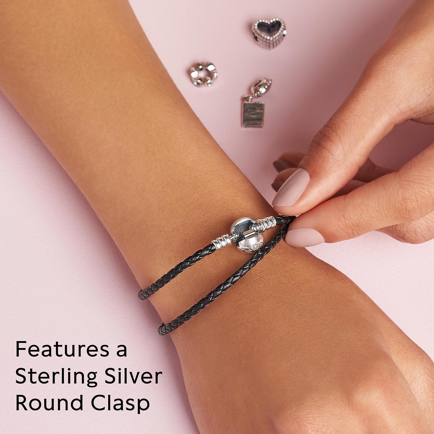 image:imagePANDORA Moments Double Woven Leather Bracelet with Silver Clasp Sterling Silver Bracelet Jewelry for Women Includes Gift Box185 Centimeters