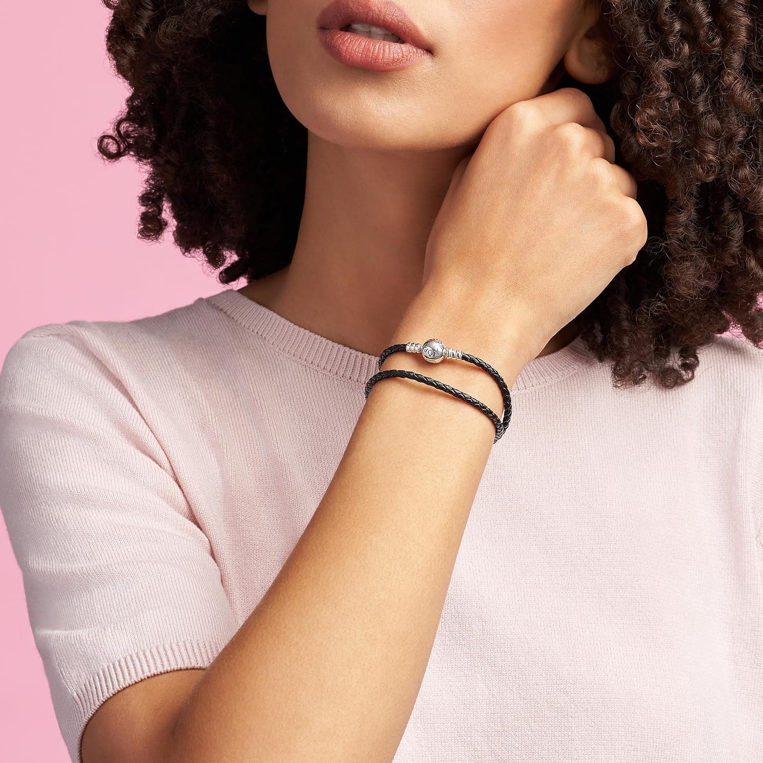 image:imagePANDORA Moments Double Woven Leather Bracelet with Silver Clasp Sterling Silver Bracelet Jewelry for Women Includes Gift Box185 Centimeters