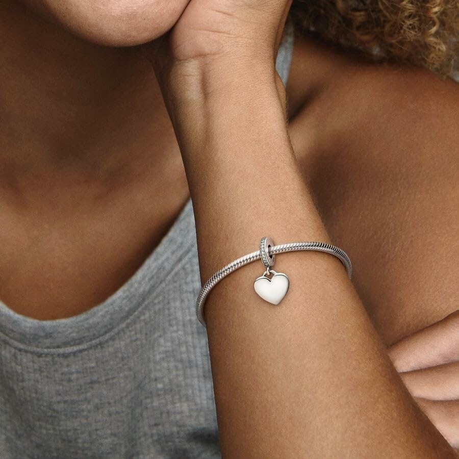 image:imagePANDORA Moments Engravable Heart Tag Dangle Charm Sterling Silver with Cubic Zirconia Jewelry for Women Includes Gift Box