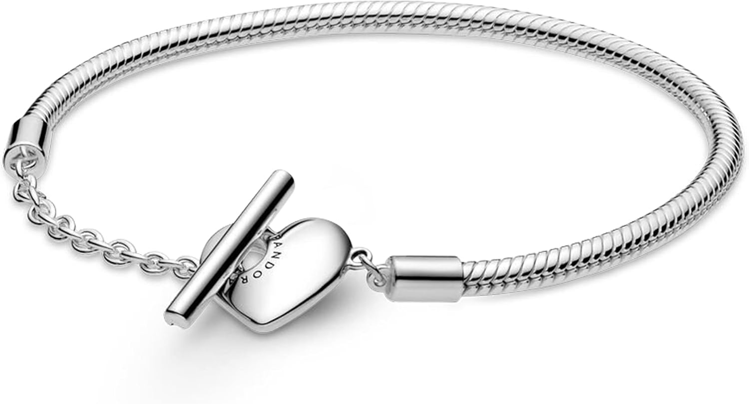 image:imagePANDORA Moments Heart TBar Closure Snake Chain Bracelet Compatible Moments Charms Gift for Her Shine With Gift Box75 Inches
