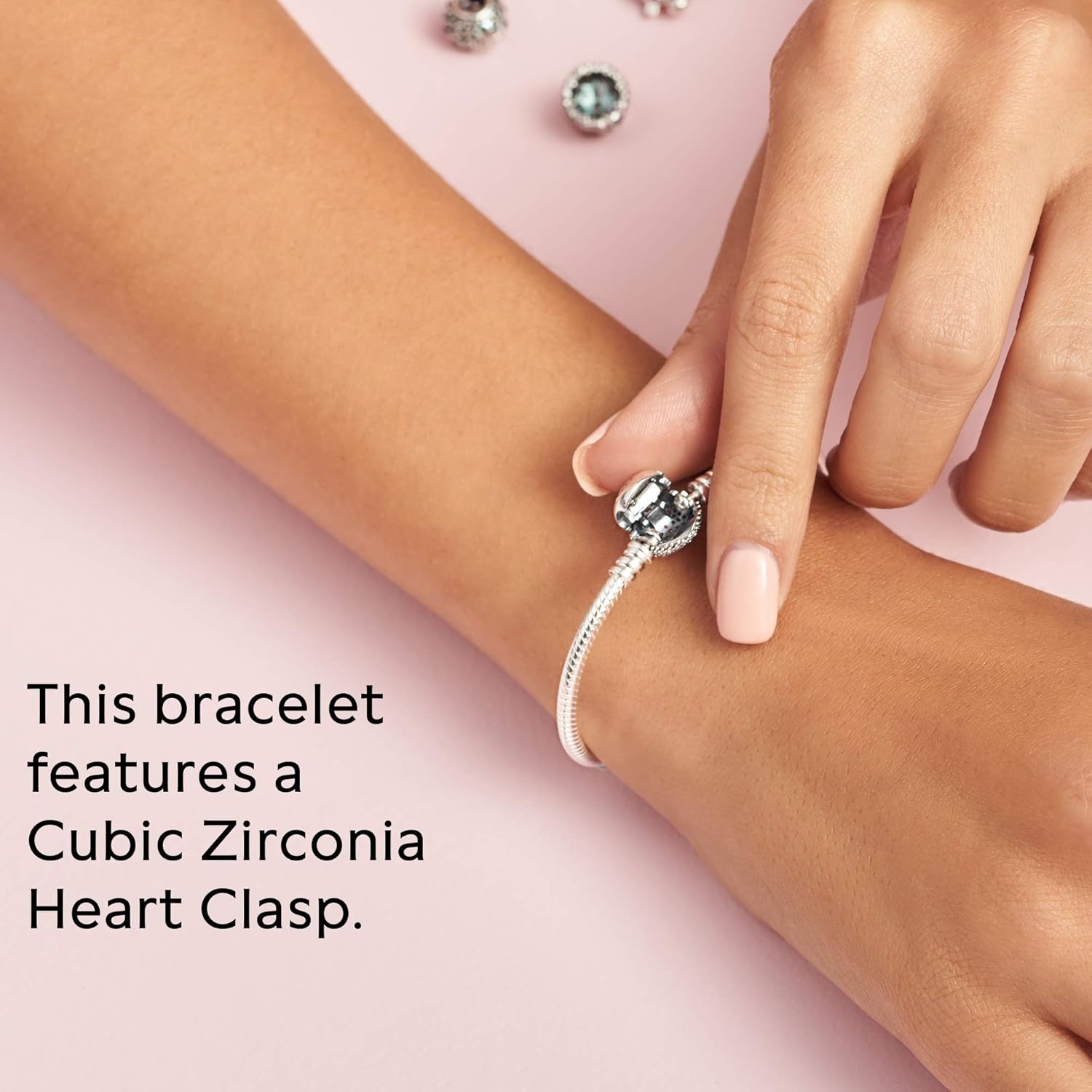 image:imagePANDORA Moments Sparkling Heart Clasp Snake Chain Bracelet Compatible Moments Charms Gift for Her67 Inches