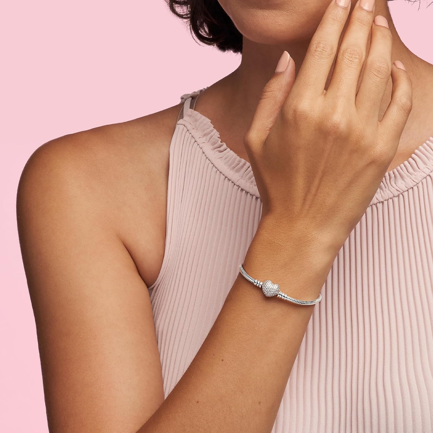 image:imagePANDORA Moments Sparkling Heart Clasp Snake Chain Bracelet Compatible Moments Charms Gift for Her83 Inches