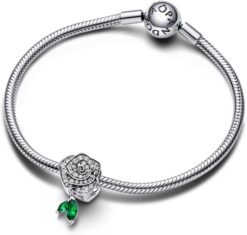 image:imagePANDORA Moments Sparkling Rose in Bloom Charm Sterling Silver Charm with ManMade Opal Jewelry for Women Includes Gift Box