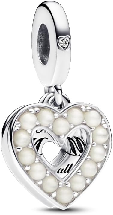 image:imagePANDORA Pearlescent White Heart Double Dangle Charm Gift for Her Compatible with PANDORA Moments Sterling Silver with ManMade Stones With Gift Box