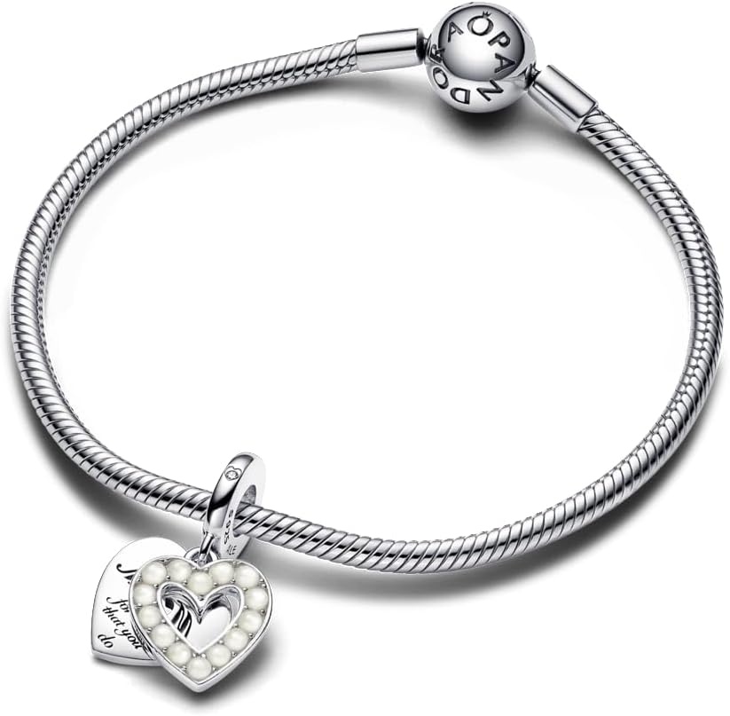 image:imagePANDORA Pearlescent White Heart Double Dangle Charm Gift for Her Compatible with PANDORA Moments Sterling Silver with ManMade Stones With Gift Box
