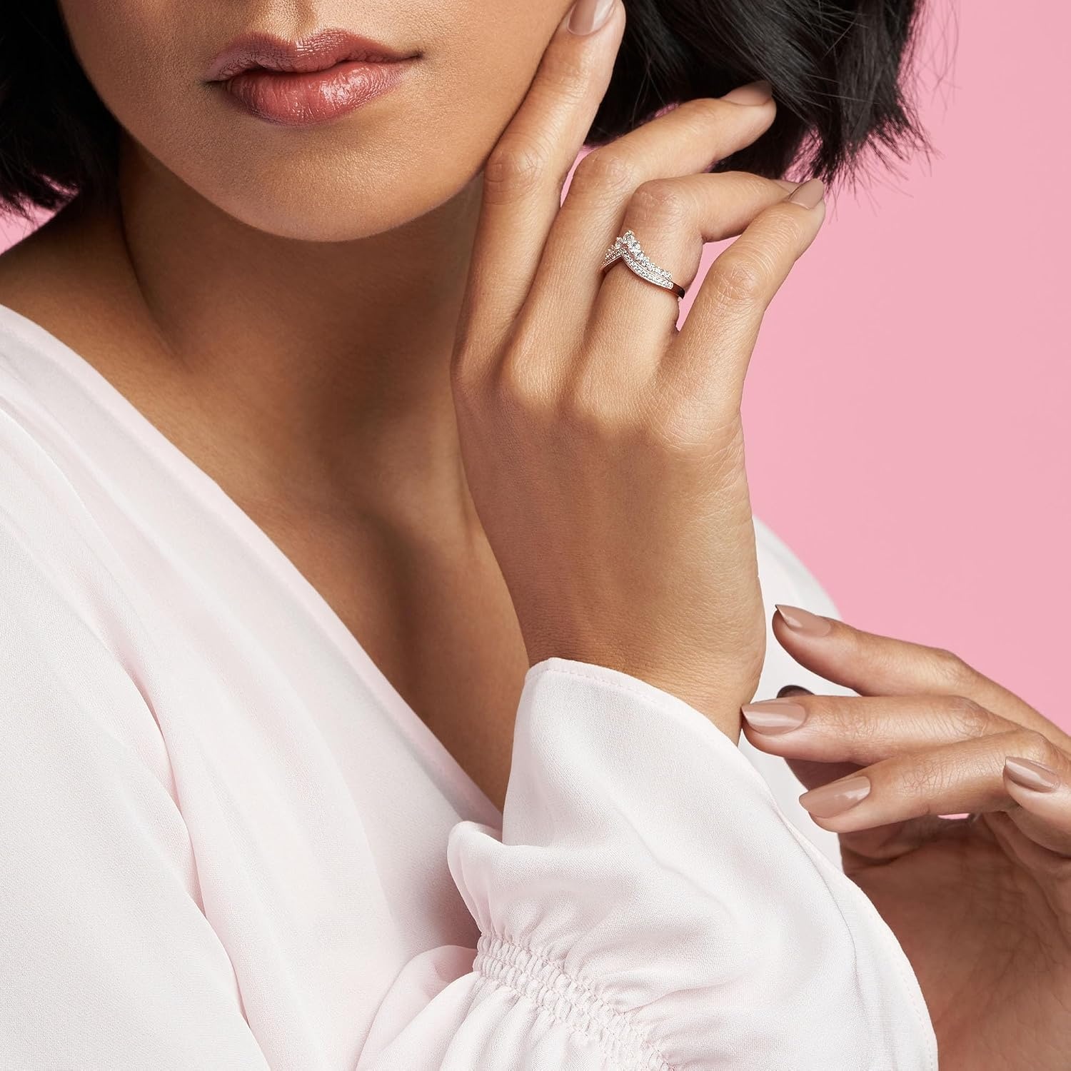 image:imagePANDORA Princess Wishbone Ring Rose Gold Ring for Women Layering Ring Gift for Her 14k Rose with Clear Cubic Zirconia With Gift Box