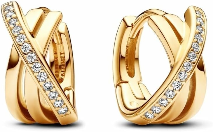 image:imagePANDORA Signature Crossover Pav Hoop Earrings Plated Earrings with Cubic Zirconia Jewelry for Women Includes Gift Box14k goldplated unique metal blend