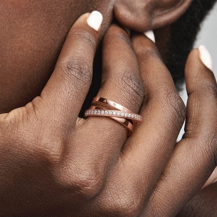 image:imagePANDORA Signature Crossover Pav Triple Band Ring Plated Ring with Cubic Zirconia Jewelry for Women Includes Gift Box14k rose goldplated unique metal blend
