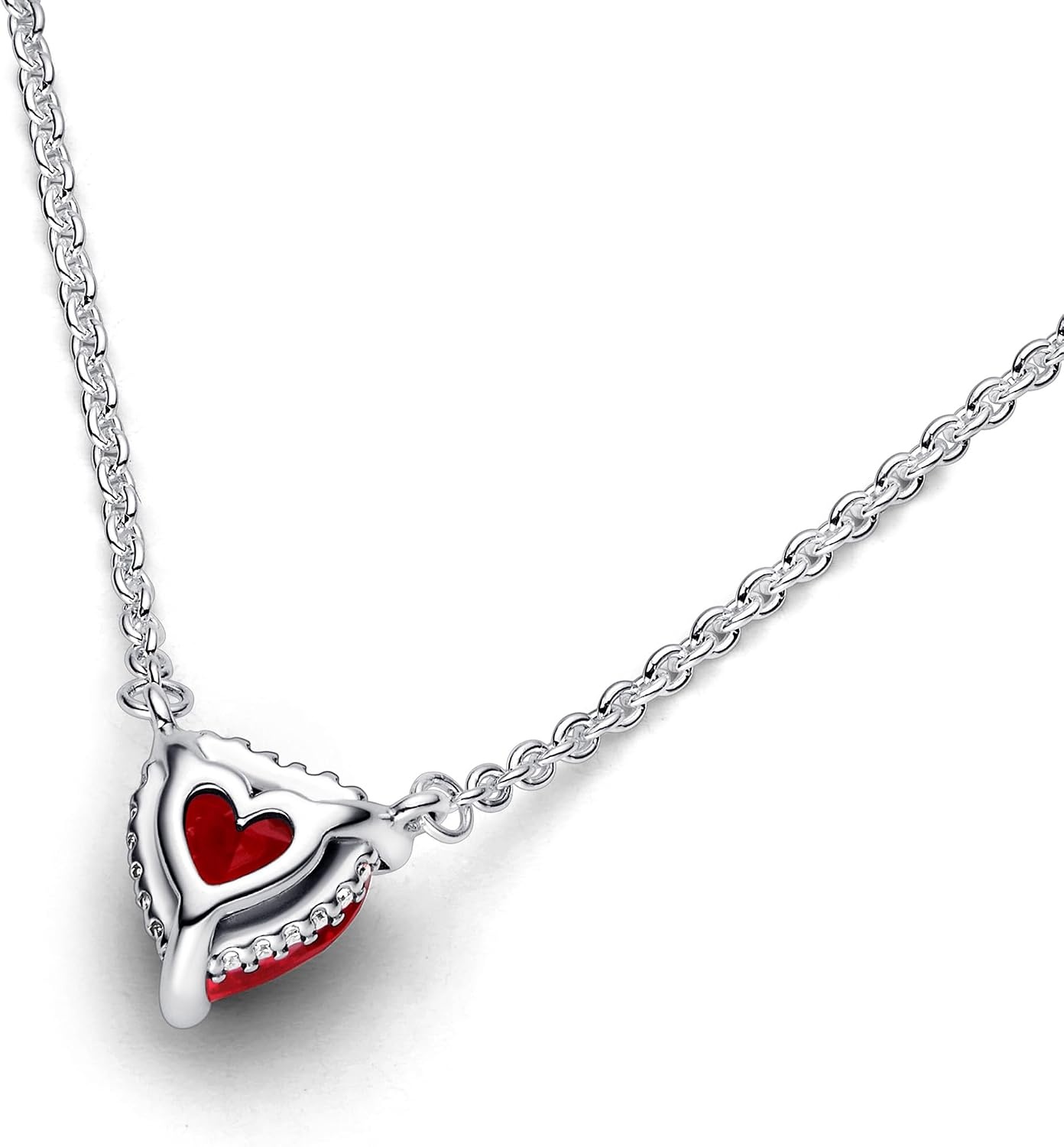 image:imagePANDORA Sparkling Heart Halo Pendant Collier Necklace Red Crystal Jewelry Necklace Pav Halo Heart Design Romantic Jewelry for Her with Gift Box Adjustable Sterling Silver Chain 177