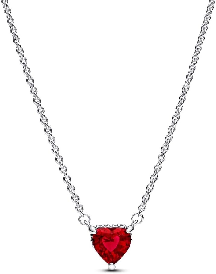 image:imagePANDORA Sparkling Heart Halo Pendant Collier Necklace Red Crystal Jewelry Necklace Pav Halo Heart Design Romantic Jewelry for Her with Gift Box Adjustable Sterling Silver Chain 177
