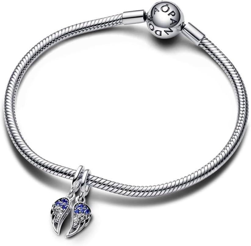 image:imagePANDORA Sparkling Splittable Angel Wings Dangle Charm Compatible Me Moments Sterling Silver with Blue ManMade Crystals Gift for Her With Gift Box