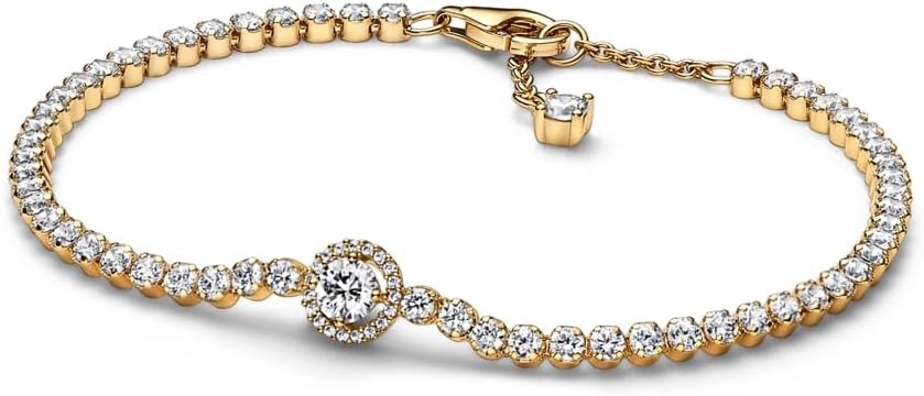 image:imagePANDORA Timeless Sparkling Halo Tennis Bracelet 14K Gold Plated Unique Metal Blend and Cubic Zirconia Jewelry for Women Includes Gift Box71 Inches