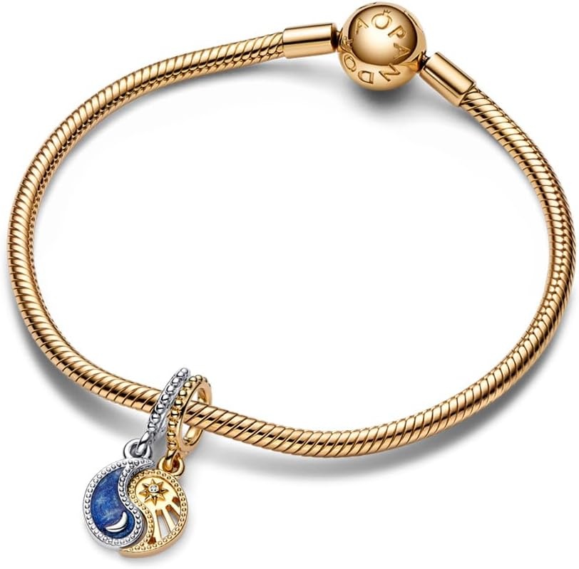image:imagePANDORA TwoTone Splittable Sun amp Moon Dangle Charm Compatible with PANDORA Moments amp ME Gift for Her Sterling Silver amp 14k Gold with Blue Crystals With Gift Box