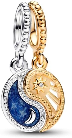 image:imagePANDORA TwoTone Splittable Sun amp Moon Dangle Charm Compatible with PANDORA Moments amp ME Gift for Her Sterling Silver amp 14k Gold with Blue Crystals With Gift Box