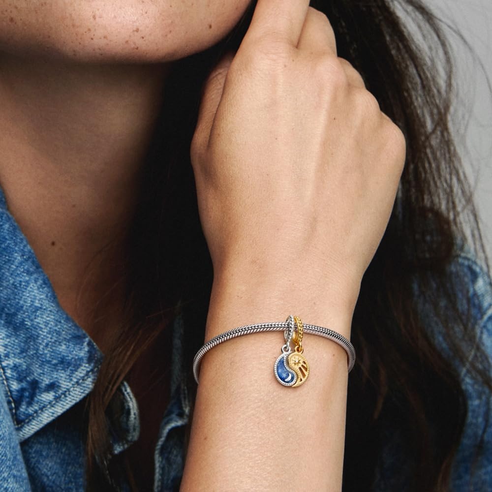 image:imagePANDORA TwoTone Splittable Sun amp Moon Dangle Charm Compatible with PANDORA Moments amp ME Gift for Her Sterling Silver amp 14k Gold with Blue Crystals With Gift Box