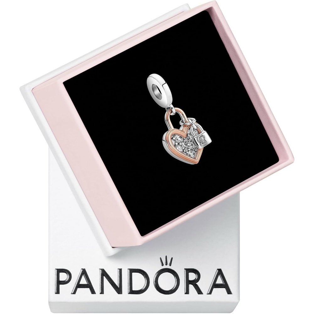 image:imagePANDORA Heart Padlock Double Dangle Charm Gift for Her Compatible Moments Rose amp Sterling Silver with Cubic Zirconia With Gift Box