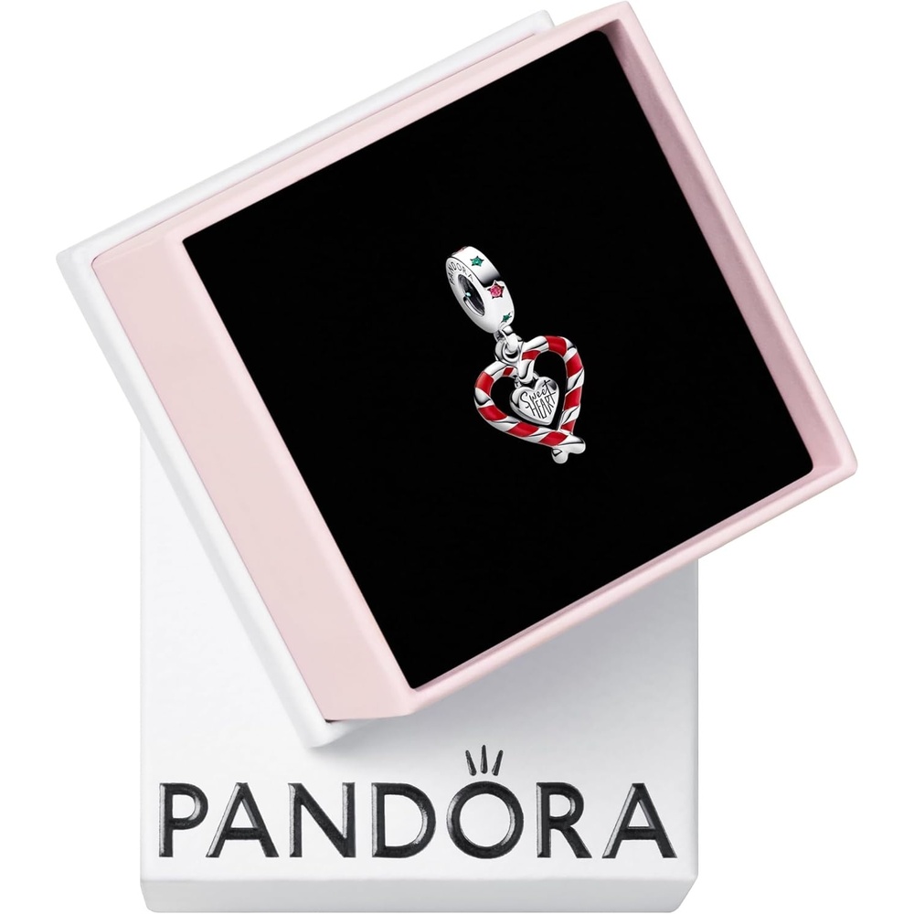 image:imagePANDORA Moments Double Candy Cane Heart Christmas Dangle Charm Sterling Silver Charm with Enamel Jewelry for Women Includes Gift Box