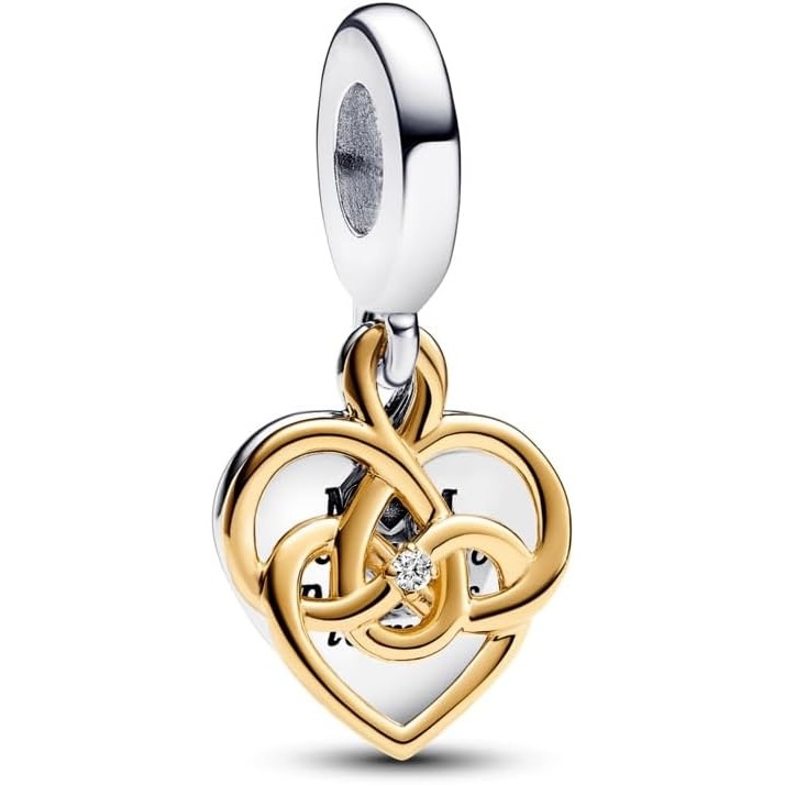 image:imagePANDORA Moments LabGrown Diamond Engravable Mom Double Dangle Charm Sterling Silver and 14K GoldPlated Charm with LabGrown Diamond Jewelry for Women Includes Gift Box