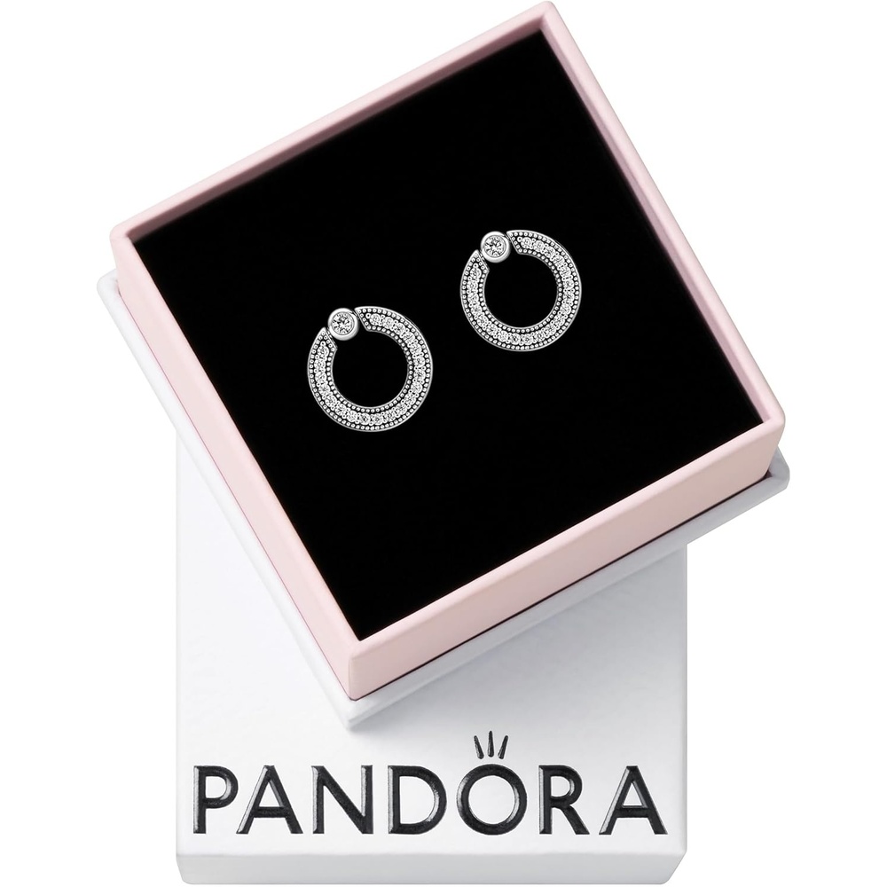 image:imagePANDORA Pav amp Logo Circle Reversible Stud Earrings Gift for Her Versatile Womens Earrings Sterling Silver amp Cubic Zirconia With Gift Box