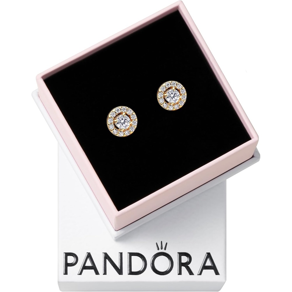 image:imagePANDORA Round Pav Halo Stud Earrings 14k Gold Plated amp Cubic Zirconia Jewelry for Women with Gift Box