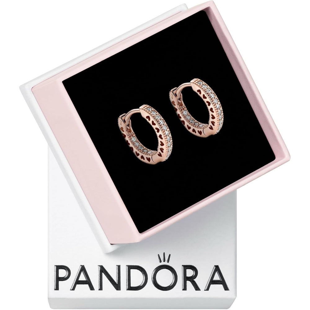 image:imagePANDORA Signature Pav Heart Hoop Earrings Gift for Her 14k Rose GoldPlated with Cubic Zirconia With Gift Box