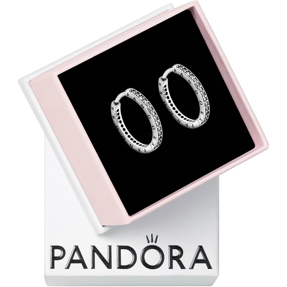 image:imagePANDORA Sparkle and PANDORA Logo Hoop Earrings Stunning Womens Earrings Gift for Her Sterling Silver amp Cubic Zirconia With Gift Box 24 mm