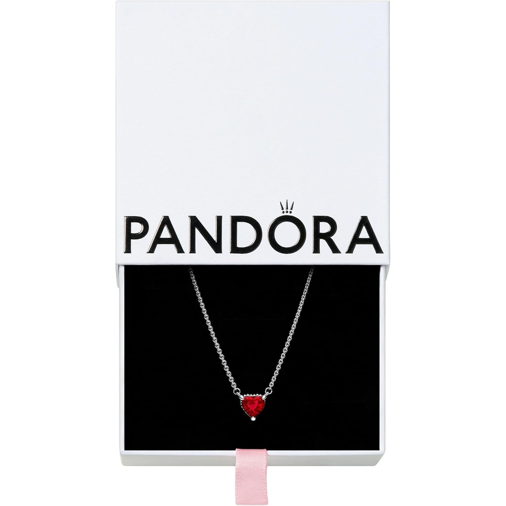 image:imagePANDORA Sparkling Heart Halo Pendant Collier Necklace Red Crystal Jewelry Necklace Pav Halo Heart Design Romantic Jewelry for Her with Gift Box Adjustable Sterling Silver Chain 177