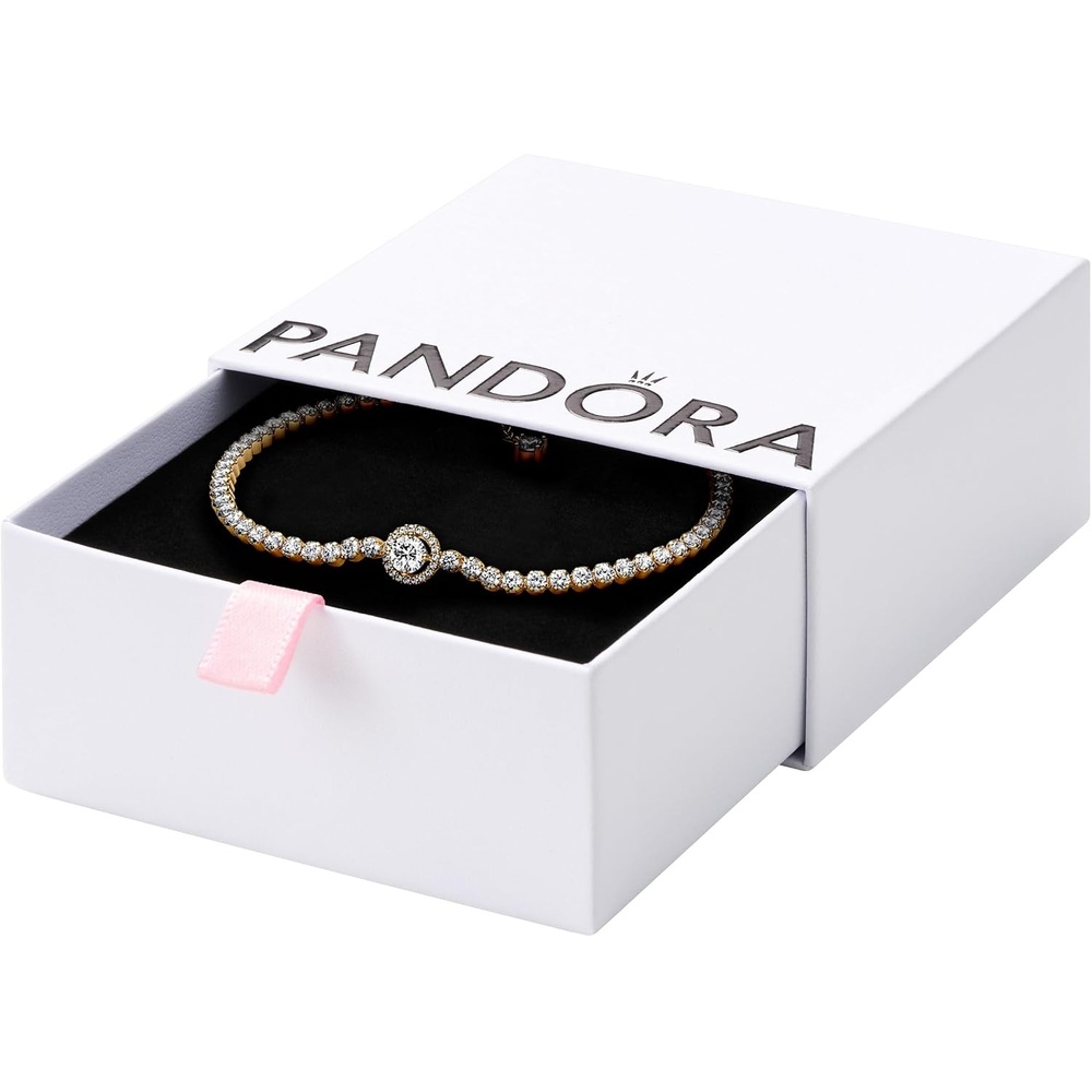 image:imagePANDORA Timeless Sparkling Halo Tennis Bracelet 14K Gold Plated Unique Metal Blend and Cubic Zirconia Jewelry for Women Includes Gift Box79 Inches