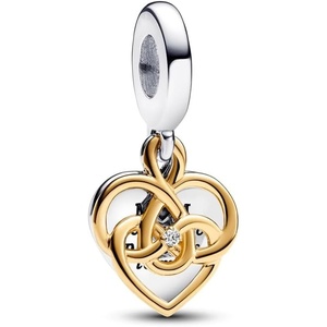 PANDORA Moments Lab-Grown Diamond Engravable Mom Double Dangle Charm – Sterling Silver and 14K Gold-Plated Charm with Lab-Grown Diamond – Jewelry for Women – Includes Gift Box