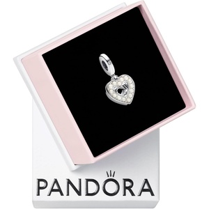 PANDORA Pearlescent White Heart Double Dangle Charm – Gift for Her – Compatible with PANDORA Moments – Sterling Silver with Man-Made Stones – With Gift Box