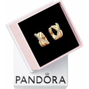PANDORA Signature Crossover Pavé Hoop Earrings -Plated Earrings with Cubic Zirconia – Jewelry for Women – Includes Gift Box(14k gold-plated unique metal blend)