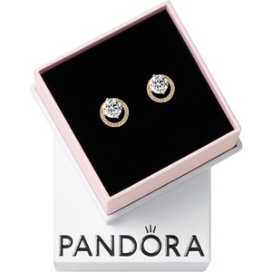 PANDORA Timeless Sparkling Round Halo Stud Earrings – 14K Gold-Plated Earrings with Cubic Zirconia – Jewelry for Women – Includes Gift Box