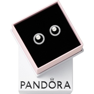 PANDORA Timeless Treated Freshwater Cultured Pearl & Pavé Halo Stud Earrings – Sterling Silver Earrings with Treated Freshwater Cultured Pearl & Cubic Zirconia – Jewelry for Women – Includes Gift Box
