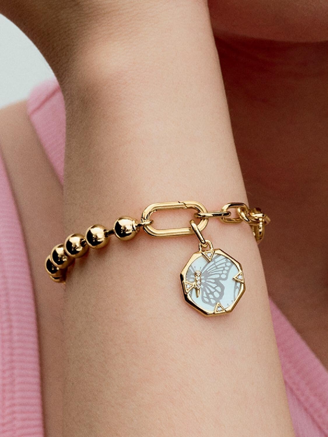 image:imagePANDORA Me Pearlescent Butterfly Medallion Charm 14k GoldPlated Charm with White Bioresin ManMade Mother of Pearl Gift for Her Includes Gift Box