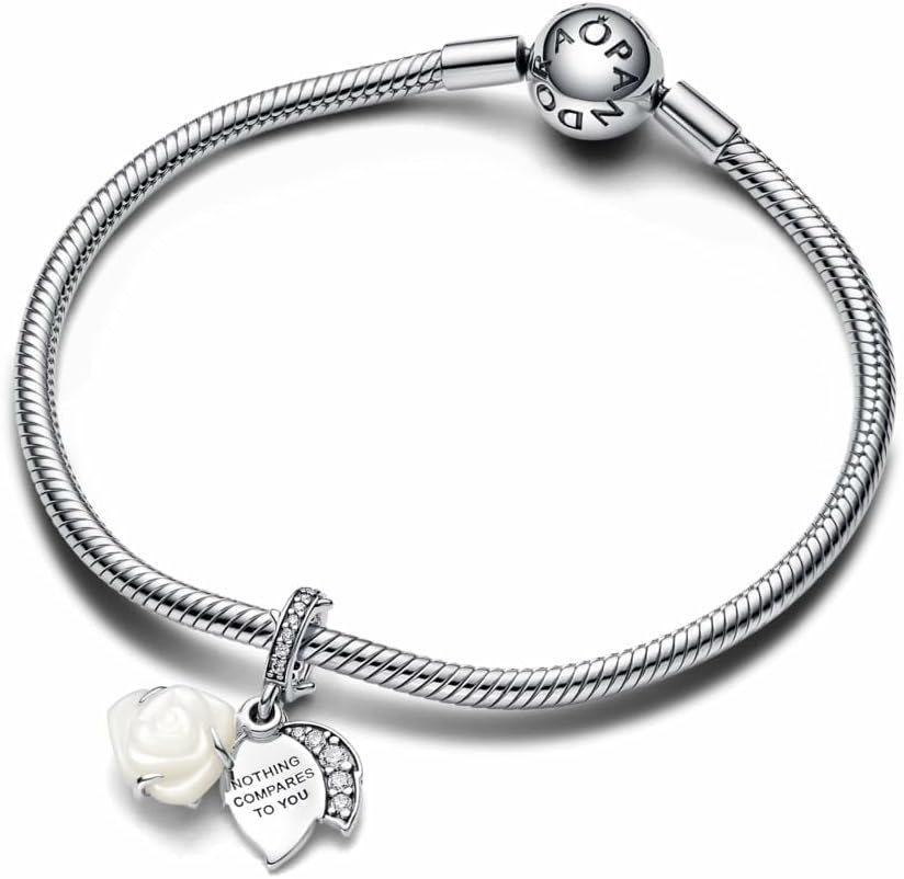 image:imagePANDORA Moments White Rose in Bloom Double Dangle Charm Sterling Silver Charm with Bioresin ManMade Mother of Pearl amp Cubic Zirconia Jewelry for Women Includes Gift Box