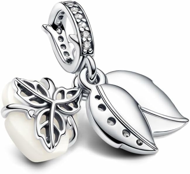 image:imagePANDORA Moments White Rose in Bloom Double Dangle Charm Sterling Silver Charm with Bioresin ManMade Mother of Pearl amp Cubic Zirconia Jewelry for Women Includes Gift Box