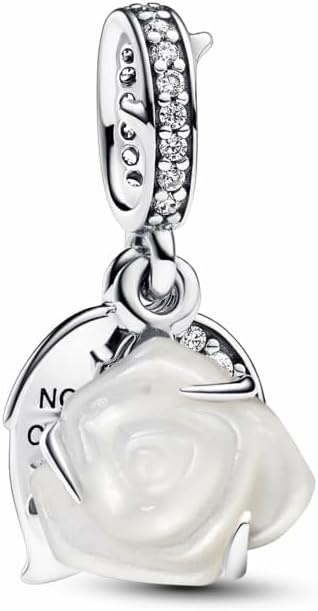 image:imagePANDORA Moments White Rose in Bloom Double Dangle Charm Sterling Silver Charm with Bioresin ManMade Mother of Pearl amp Cubic Zirconia Jewelry for Women Includes Gift Box