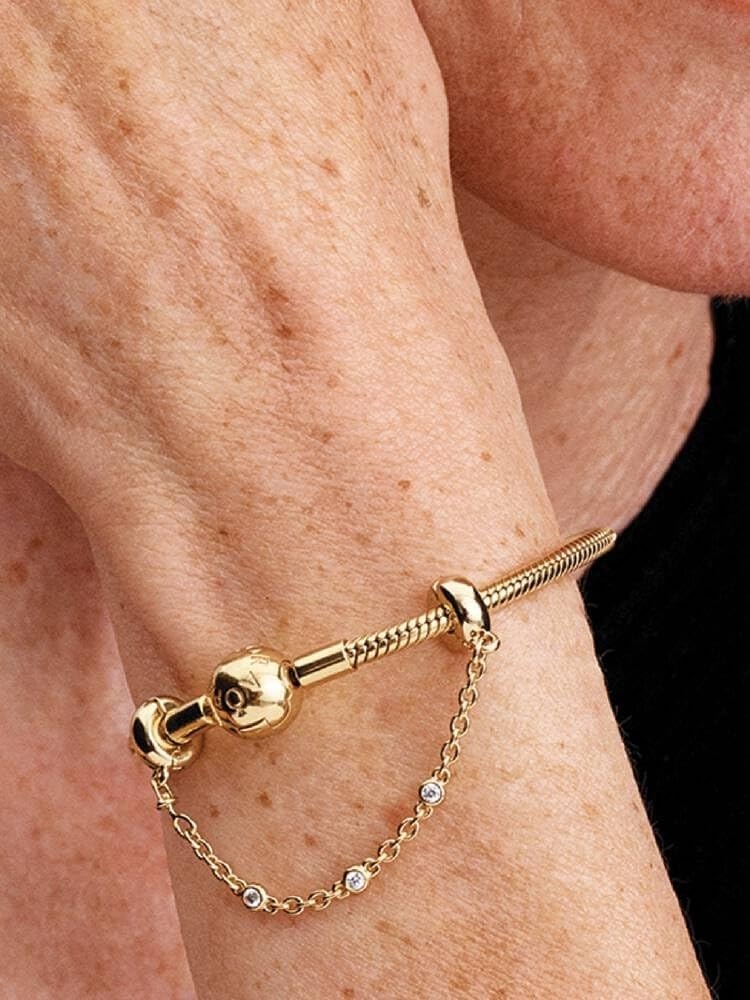image:imagePANDORA Triple Clear Stone Safety Chain 14k Gold Plating amp Cubic Zirconia Compatible with PANDORA Moments Jewelry for Women with Gift Box